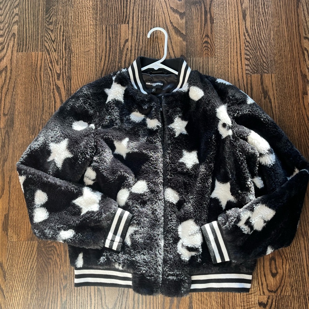 Karl Lagerfeld black and white faux fur bomber jacket.